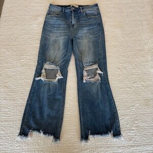 Risen Jeans Womens Distressed Wide Leg High Rise Raw Hem Denim Blue Size 13/31